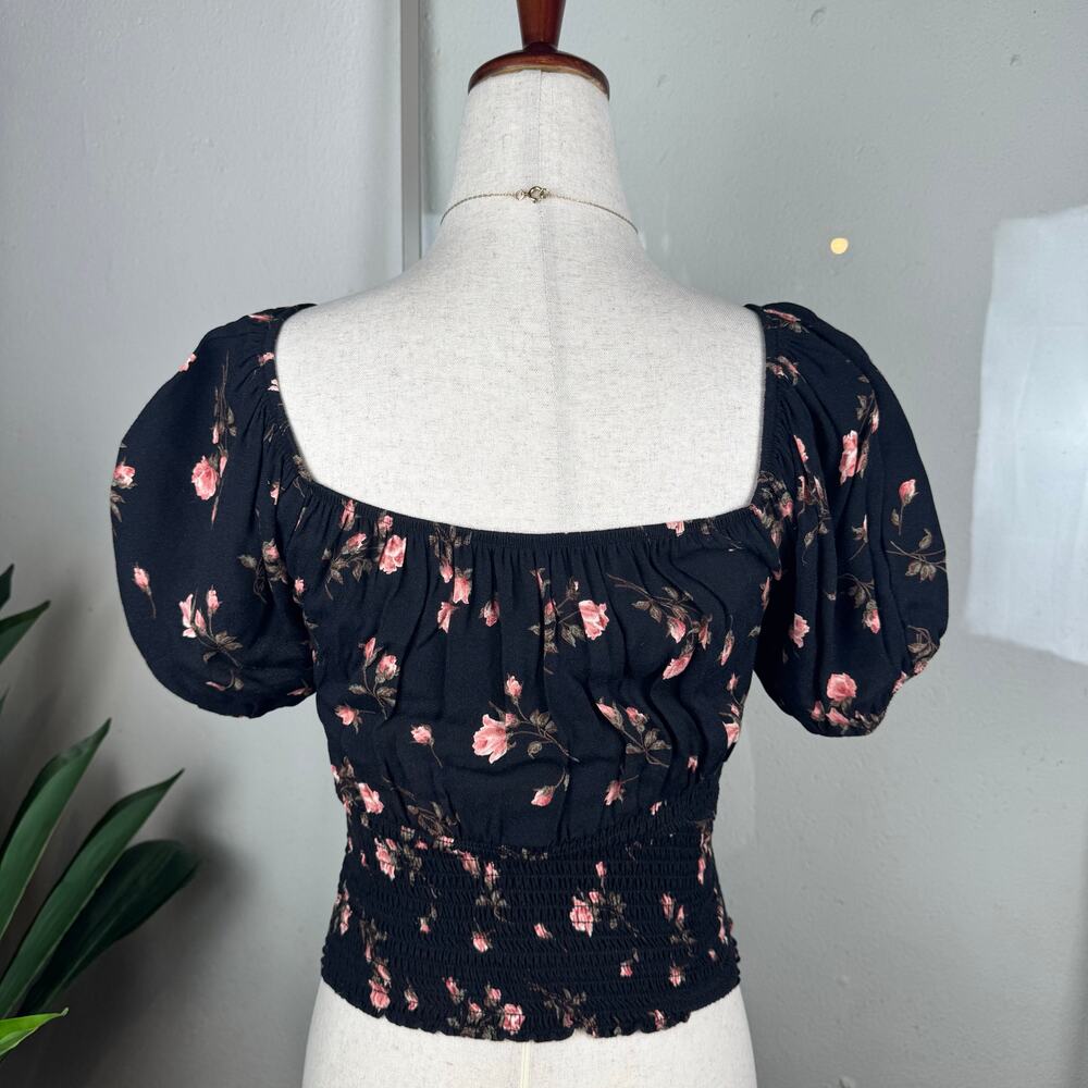 Whimsigoth Girly Grunge Black Floral Puff Sleeve Reformation Alta Top Size XS - Picture 4 of 6